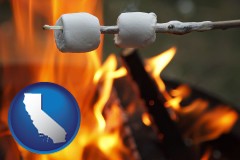 california map icon and roasting marshmallows on a camp fire