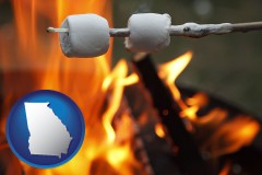 georgia map icon and roasting marshmallows on a camp fire