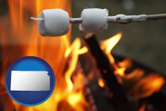 kansas map icon and roasting marshmallows on a camp fire