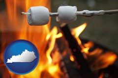kentucky map icon and roasting marshmallows on a camp fire