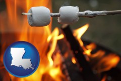 louisiana map icon and roasting marshmallows on a camp fire