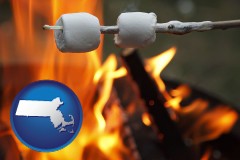 massachusetts map icon and roasting marshmallows on a camp fire
