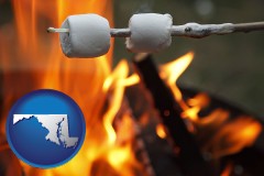 maryland map icon and roasting marshmallows on a camp fire