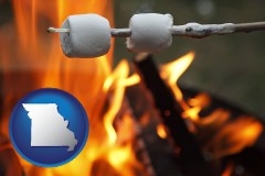 missouri map icon and roasting marshmallows on a camp fire