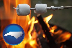 north-carolina map icon and roasting marshmallows on a camp fire