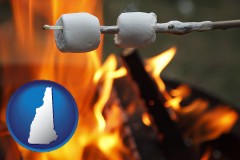 new-hampshire map icon and roasting marshmallows on a camp fire