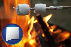 new-mexico map icon and roasting marshmallows on a camp fire