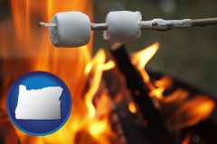 oregon map icon and roasting marshmallows on a camp fire