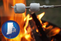 rhode-island map icon and roasting marshmallows on a camp fire