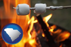 south-carolina map icon and roasting marshmallows on a camp fire