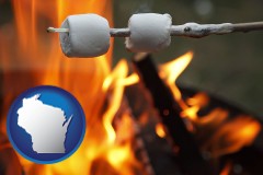 wisconsin map icon and roasting marshmallows on a camp fire
