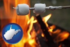west-virginia map icon and roasting marshmallows on a camp fire