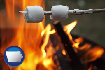 roasting marshmallows on a camp fire - with Iowa icon