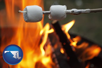 roasting marshmallows on a camp fire - with Maryland icon