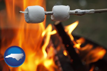 roasting marshmallows on a camp fire - with North Carolina icon