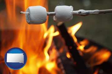 roasting marshmallows on a camp fire - with South Dakota icon