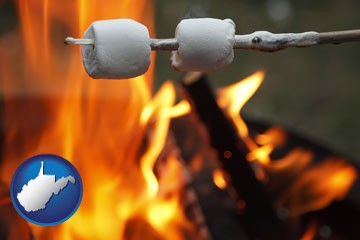 roasting marshmallows on a camp fire - with West Virginia icon