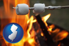 new-jersey map icon and roasting marshmallows on a camp fire