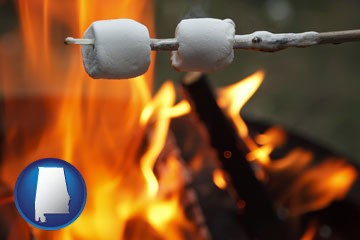 roasting marshmallows on a camp fire - with Alabama icon