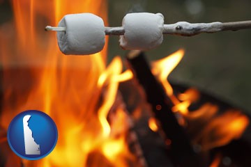 roasting marshmallows on a camp fire - with Delaware icon
