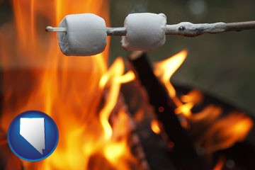 roasting marshmallows on a camp fire - with Nevada icon